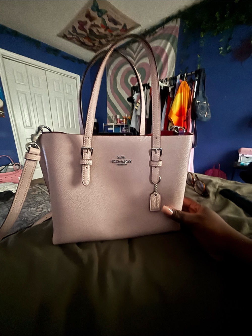 Coach Pebbled Leather Shoulder Bag in ice pink with Red and purple Interior